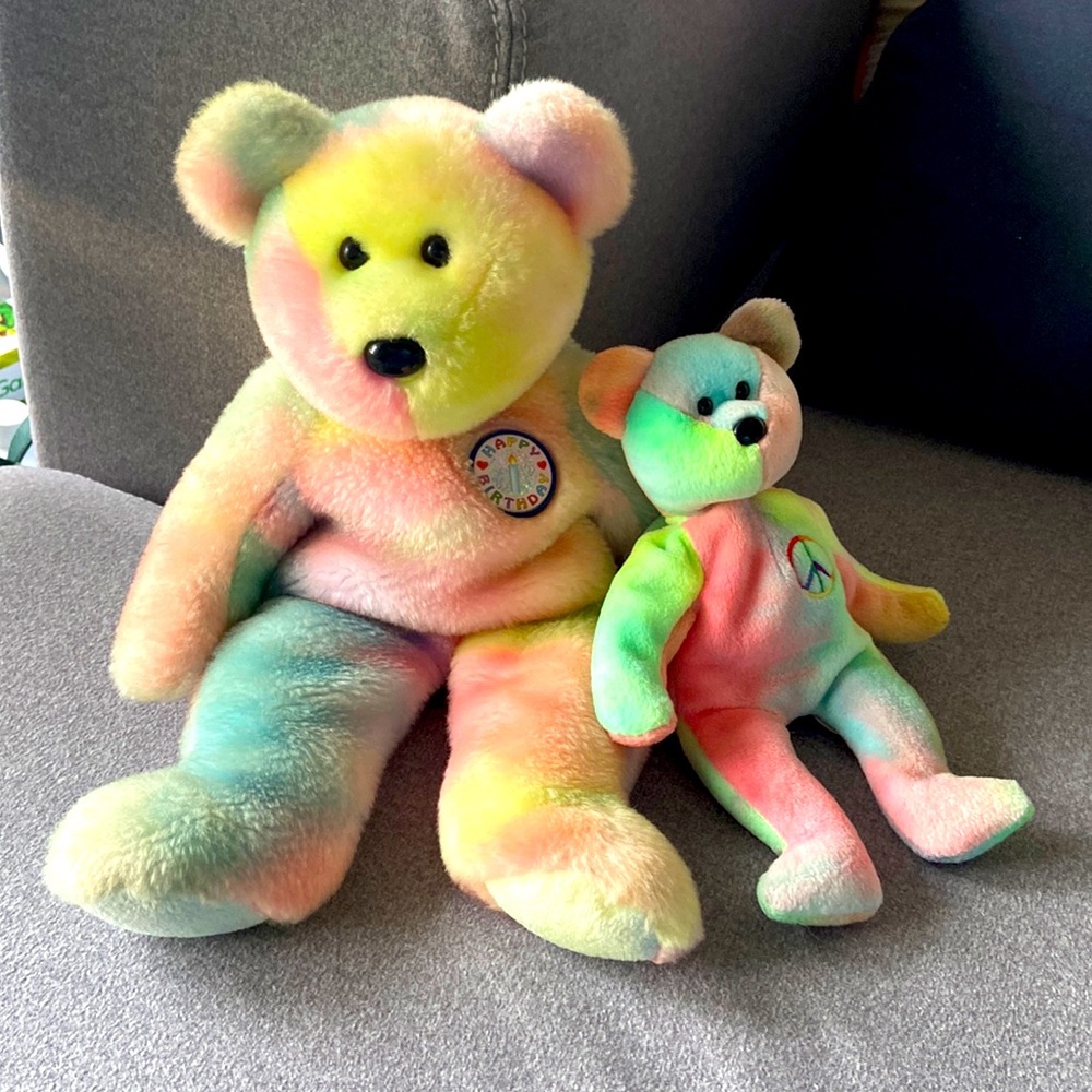 Ty Beanie Babies Large Birthday Bear and Small Peace Bear